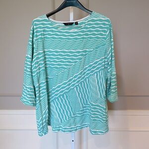 Investments II Plus 3X Pullover Top Aqua White Wavy Abstract Textured Stretch